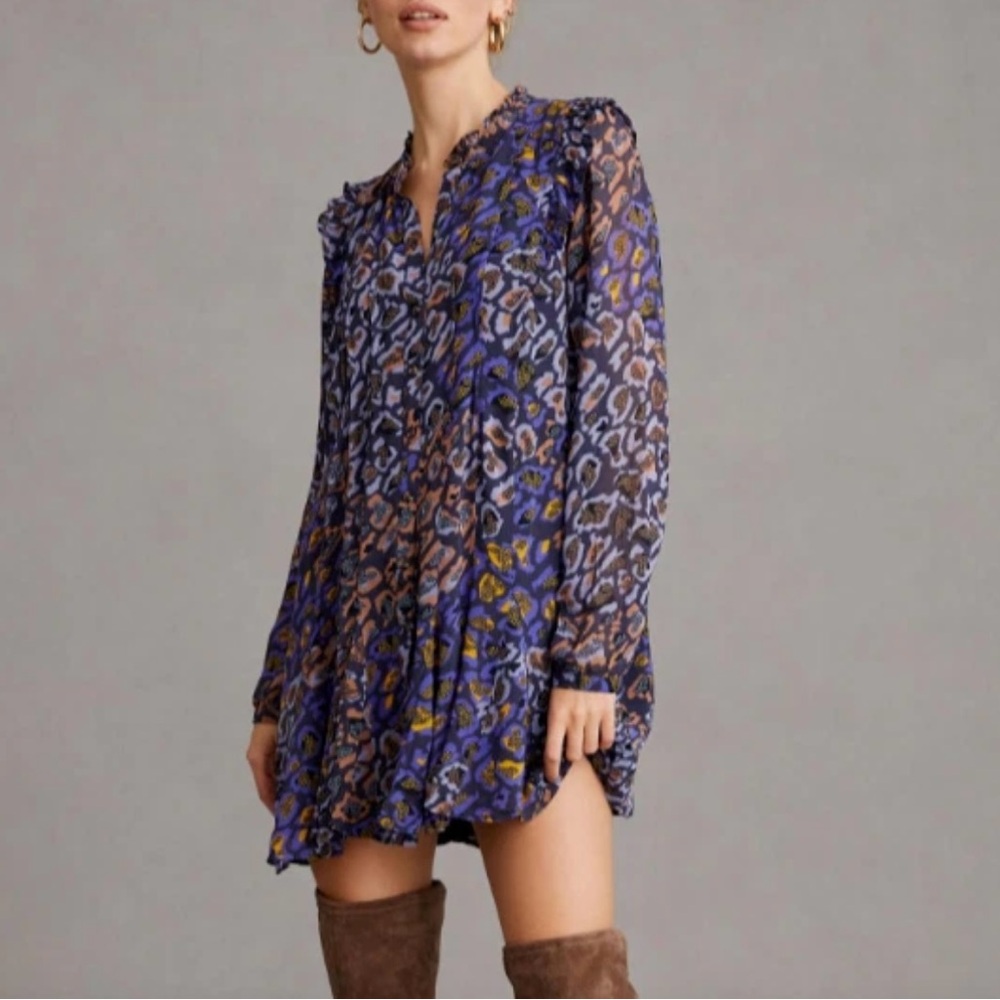 Anthropologie Navy Boho Print Mini Dress XXS long sleeve ruffle